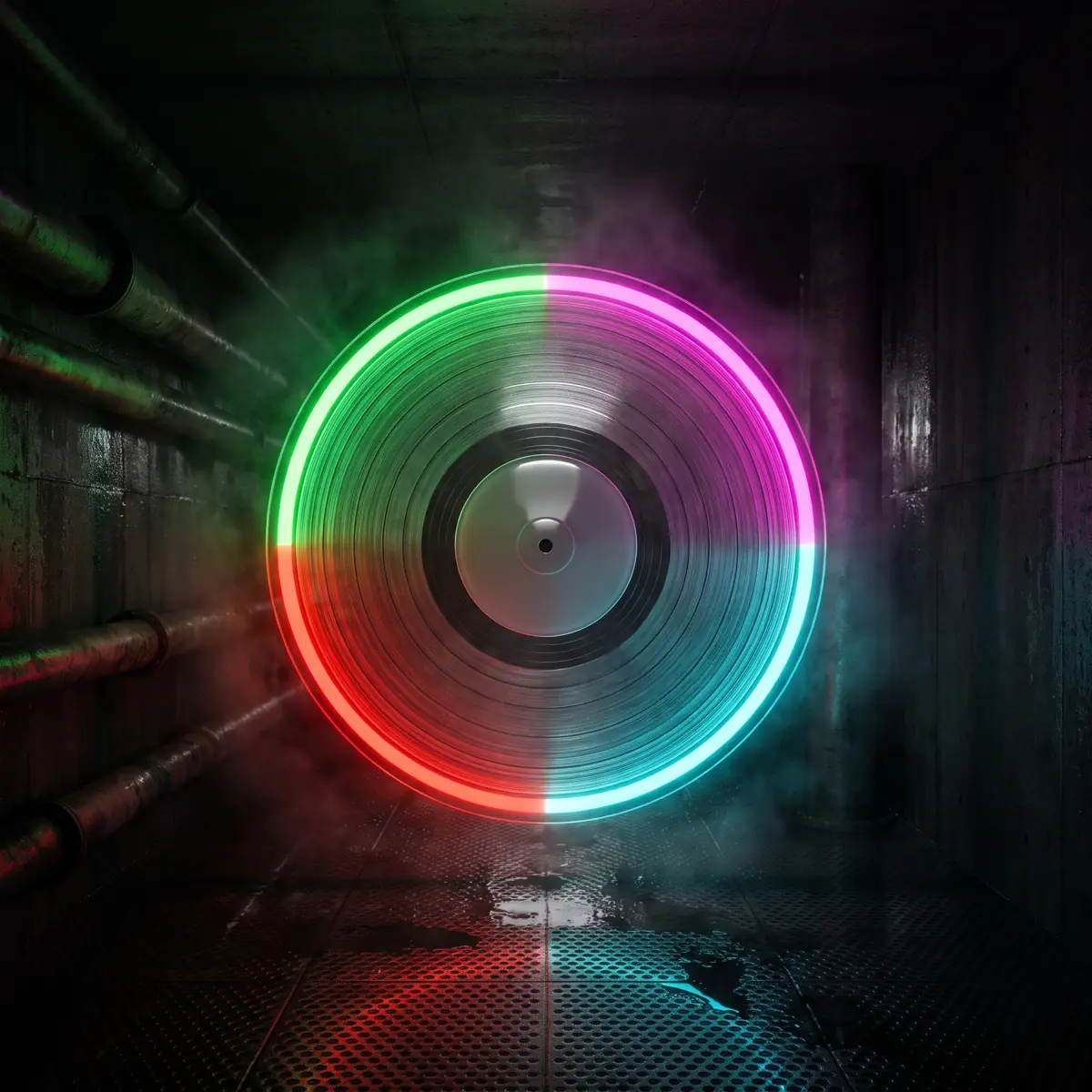Disco in vinile luminoso con il bordo verde, rosso, ciano e magenta in un sottopassaggio buio