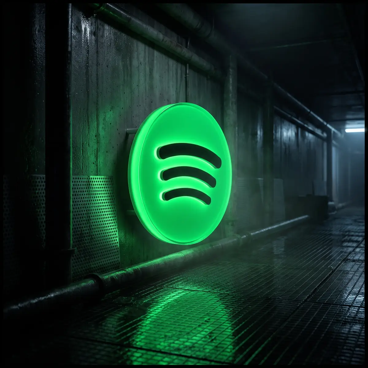 Logo Spotify retroilluminato su un muro di cemento in un sottopassaggio buio