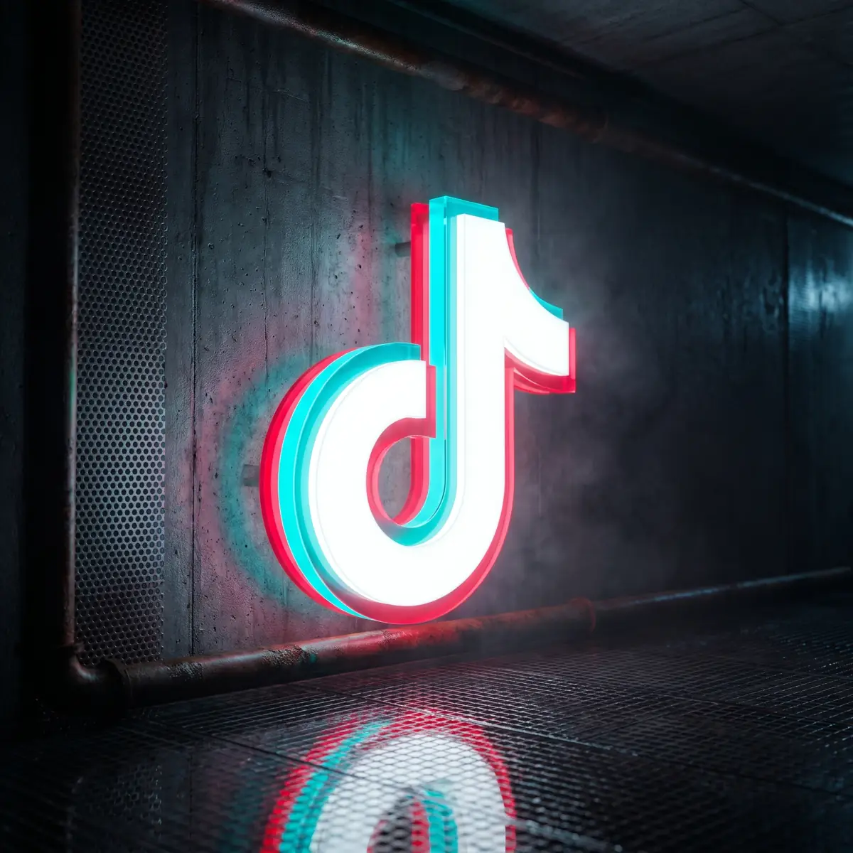 Logo TikTok retroilluminato su un muro di cemento in un sottopassaggio buio
