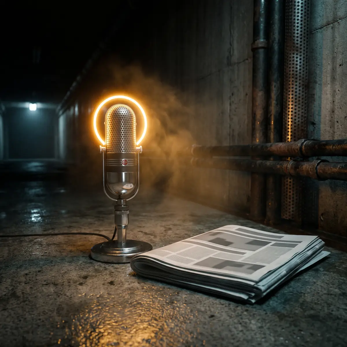Microfono vintage cromato con un anello di luce ambra e un giornale piegato