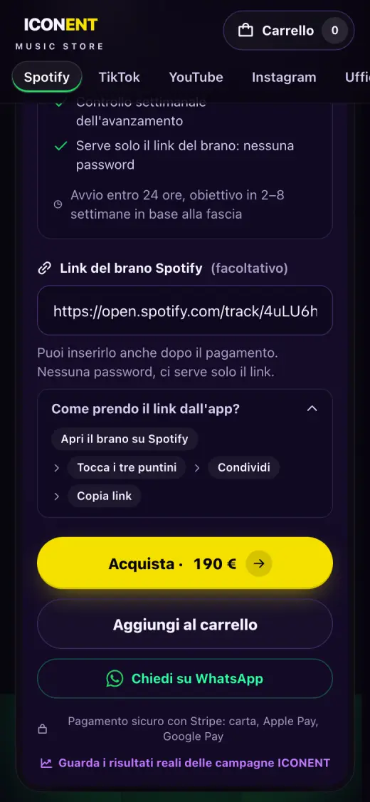 Schermata dello store: Incolla il link
