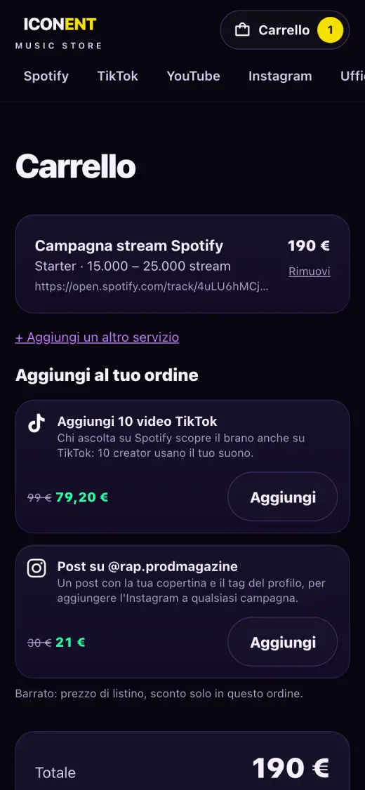 Schermata dello store: Ordini e partiamo