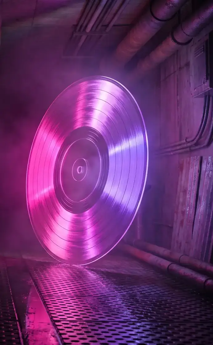 Disco in vinile luminoso magenta e viola in un sottopassaggio buio