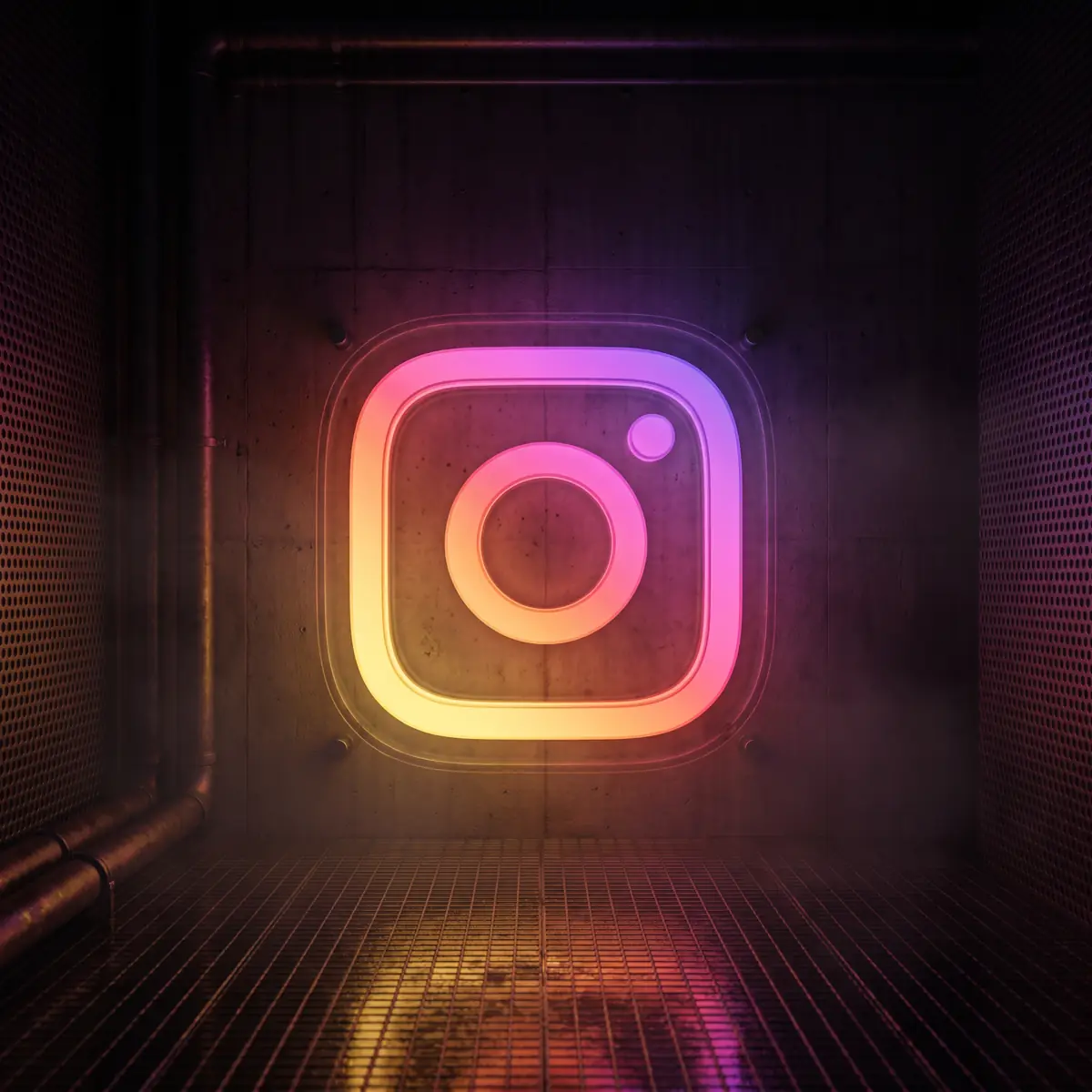 Logo Instagram retroilluminato su un muro di cemento in un sottopassaggio buio