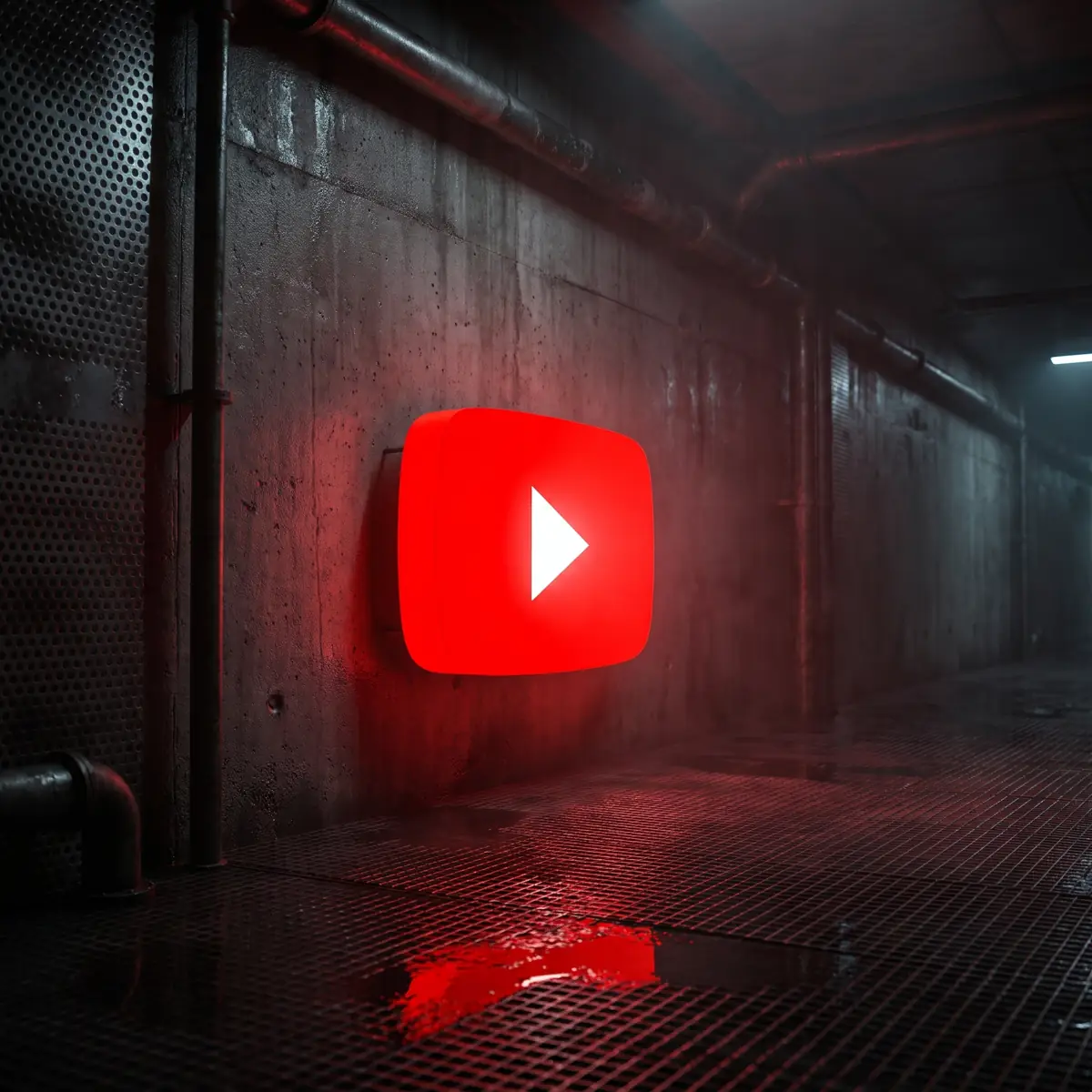 Logo YouTube retroilluminato su un muro di cemento in un sottopassaggio buio
