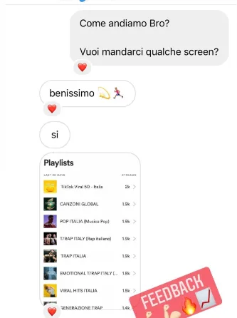 Messaggio Instagram: alla domanda «Come andiamo?» il cliente risponde «benissimo» e manda le playlist di Spotify for Artists