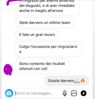 Messaggio Instagram: «Siete davvero un ottimo team, e fate un gran lavoro. Sono contento dei risultati ottenuti con voi»