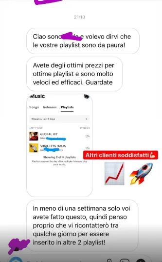 Messaggio Instagram: «Le vostre playlist sono da paura, ottimi prezzi, molto veloci ed efficaci. In meno di una settimana solo voi avete fatto questo»