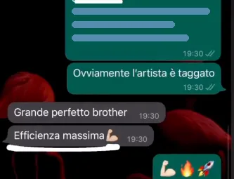 Chat WhatsApp: dopo il link al post con l'artista taggato, il cliente risponde «Grande perfetto brother, efficienza massima»